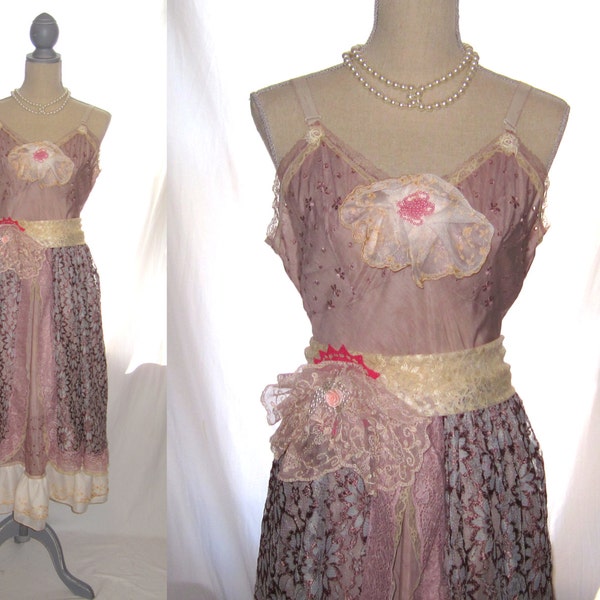 Upcycled lace mauve color cotton blend ,lace ,antique slip, romantic babydoll dress , lace handmade dress, wedding special occasion dress