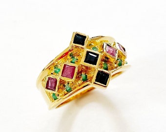 Vintage Vermeil Förgylld Sterling Silver Rubin Smaragd Safir Ring Märkt 925 Storlek 8