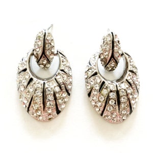 Vintage Silver Tone Rhinestone Enamel Door Knocker Pierced Earrings