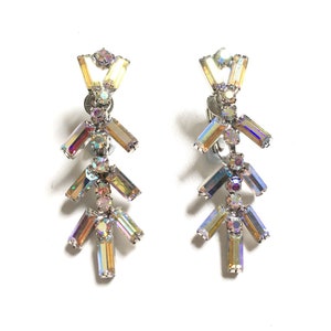 Vintage Aurora Borealis AB Rhinestone Baguette Cut Dangle Drop Clip Earrings Statement Earrings Bridal Wedding