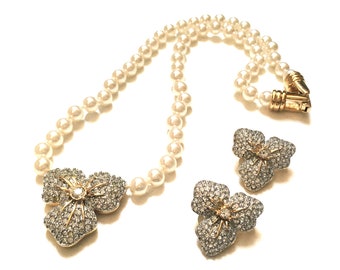 Vintage Swarovski Component Crystal Faux Pearl Jewelry Set Necklace Earrings