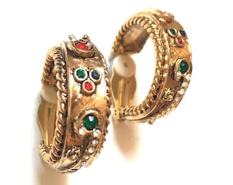 Vintage Gold Tone Multi-color Rhinestone Chunky Carved Hoop Clip Earrings 80s
