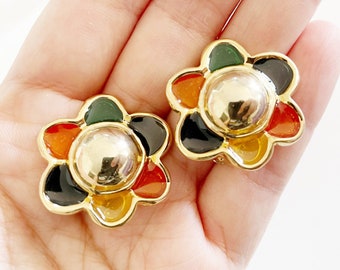 Vintage Gold Tone Enamel Flower Clip-on Earrings