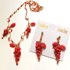 Vintage Red Grape Bead Gilt Metal Wire Jewelry Set Necklace Earrings Handmade image 1