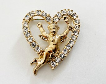 Vintage Gold Tone Rhinestone Heart Angel Brooch
