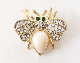 Vintage oro tono Rhinestone Faux perla jalea vientre mariposa broche figural