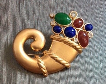 Vintage Glass Cabochon Rhinestone Gold Tone Horn Brooch Runway Couture Art Deco
