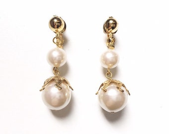 Vintage Faux Pearl Gold Tone Dangling Earrings Bridal