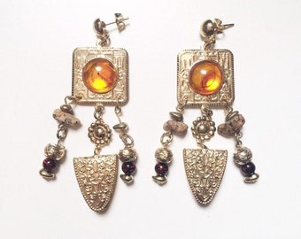 Vintage Gold Tone Cabochon Chandelier Earrings Boho Statement Earrings