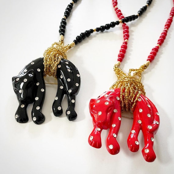 Vintage Lacquer Leopard Pendant Brooch Beaded Nec… - image 1