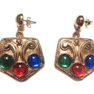 Vintage oro tono multicolor faux cabochon colgante pendientes pendientes