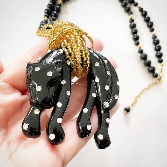 Vintage Lacquer Leopard Pendant Brooch Beaded Nec… - image 3