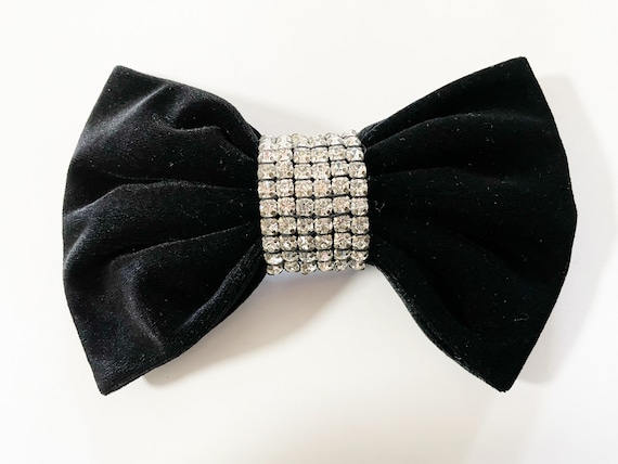 Vintage Large Black Velvet Rhinestone Bow Hair Barrette Made 