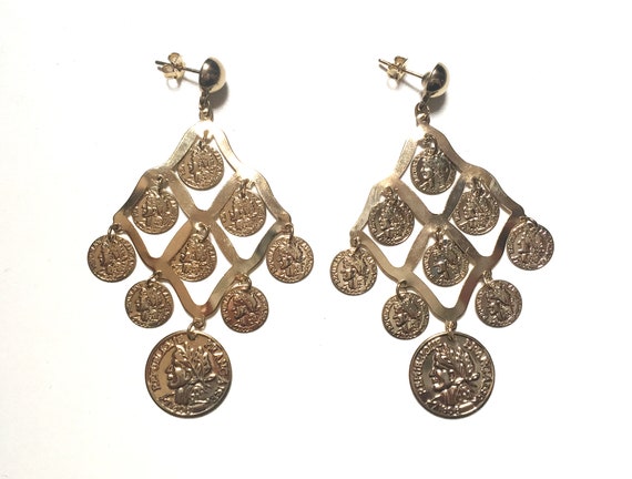 Vintage Gold Tone Coin Chandelier Earrings Stateme