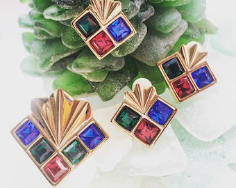 Vintage Swarovski Component Emerald cut Crystal Multi-color Jewelry Set Brooch Clip Earrings Necklace