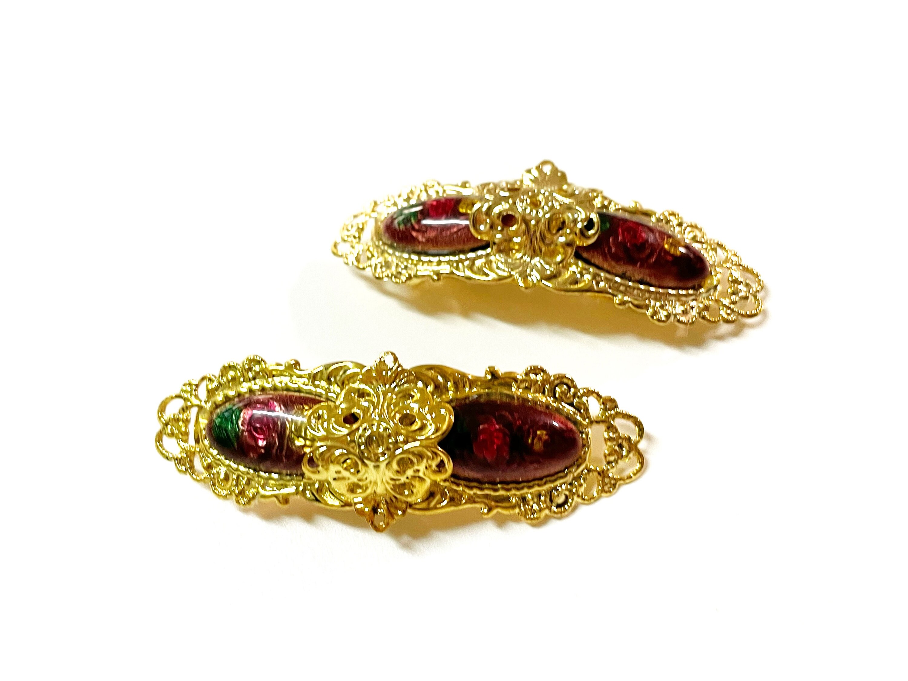 Vintage Gold Tone Filigree Enamel Flower Hair Barrette Hair  display picture 2