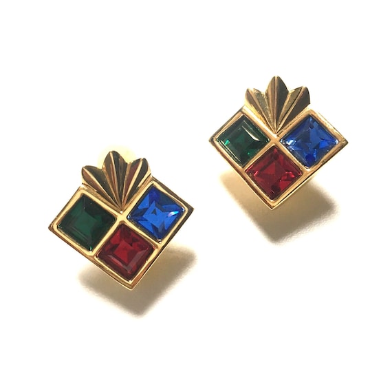 Vintage Swarovski Square Cut Crystal Multi-color Origami Clip Earrings
