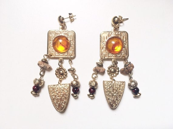 Vintage Gold Tone Cabochon Chandelier Earrings Bo… - image 1