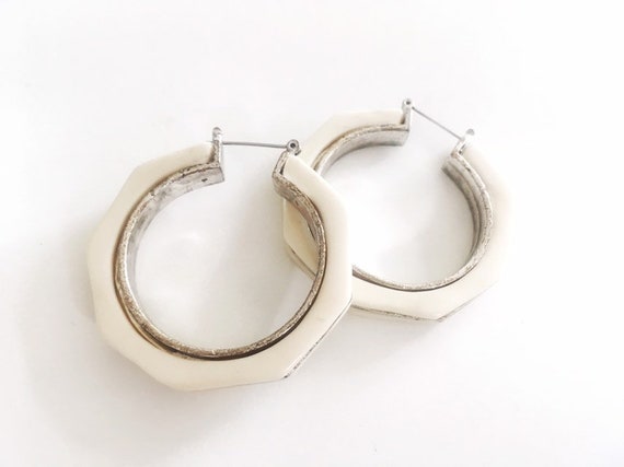 Vintage Cream White Porcelain Hexagon Hoop Earring