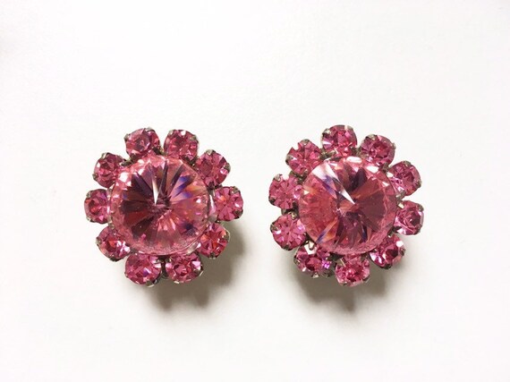 Vintage Pink Rhinestone Flower Clip On Earrings