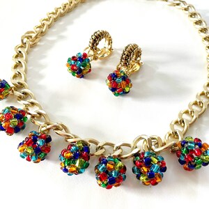 Vintage Gold Ton bunte Glasperle Ball Charme Kette Halskette Choker New Old Stock Aluminium