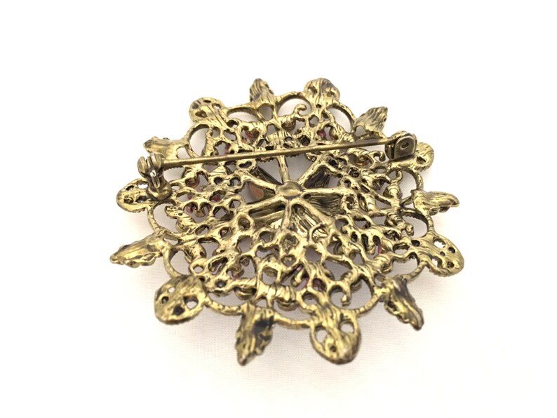 Vintage Enamel Topaz Citrine Rhinestone Flower Starburst Autumn Brass Brooch