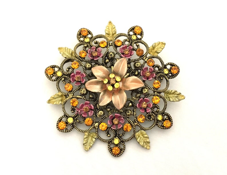 Vintage Enamel Topaz Citrine Rhinestone Flower Starburst Autumn Brass Brooch