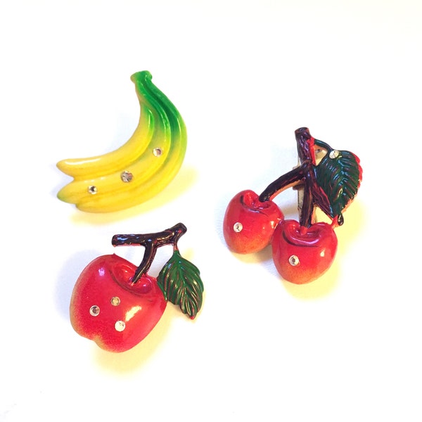 Lots of 3 Vintage Fruit Apple Banana Cherry Enamel Crystal Brooch Pin 70s