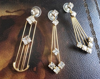 Vintage Gold Tone Swarovski Crystal Geometric Dangle Drop Earrings