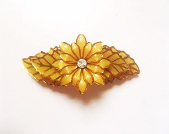 Vintage French Barrette Enamel Mustard Rhinestone 80s Hair Clip