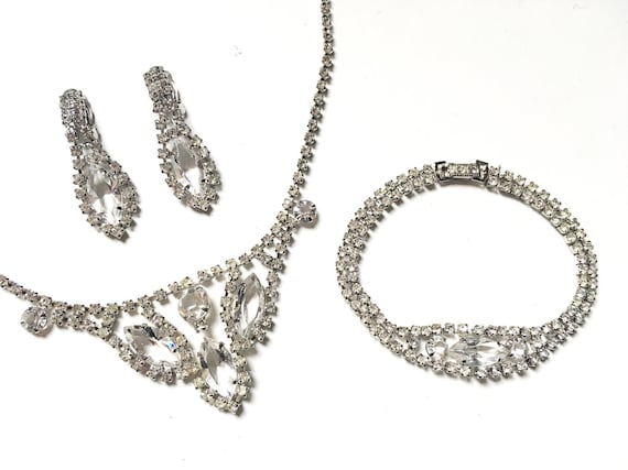 Vintage Swarovski Navette Crystal Necklace Double Strain Bracelet Earrings Open Back Jewellery Set 60s Rare Made in Austria