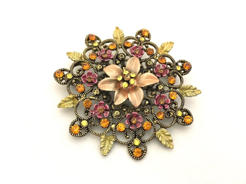 Vintage Enamel Topaz Citrine Rhinestone Flower Starburst Autumn Brass Brooch