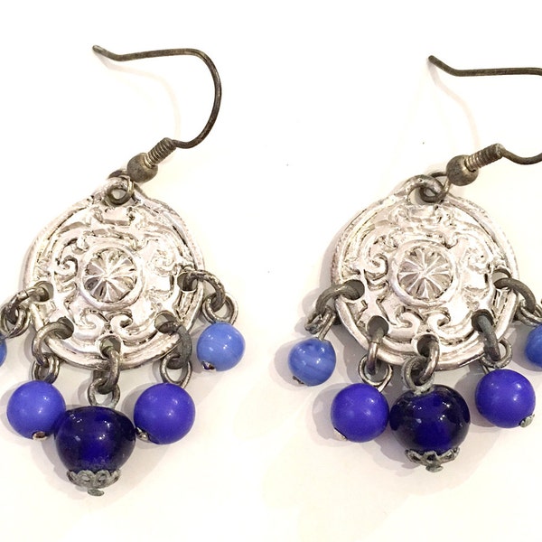 Vintage Jacky de G Paris Signed Silver Plated Coin Bohemian Royal Blue Bead Chandelier Earrings