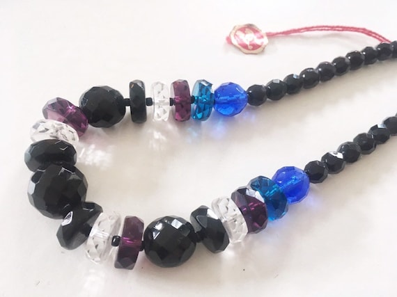 Vintage Czech Faceted Glass Bead Black Necklace O… - image 1