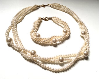 Vintage Twisted Multi Strain Faux Pearl Necklace Bracelet Jewellery Set Bridesmaid Gift