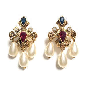 Vintage Multicoloured Rhinestone Faux Pearl Chandelier Dangling Clip Earrings