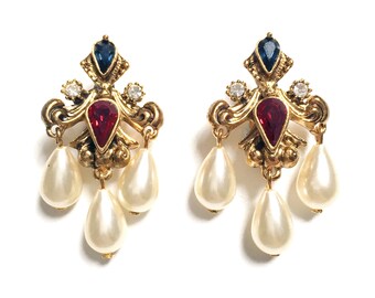 Vintage Multicoloured Rhinestone Faux Pearl Chandelier Dangling Clip Earrings