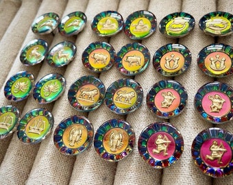 Vintage German Intaglio Glass Crystal Bead Stud Earrings Astrology Signs Horoscope Lobster New Old Stock
