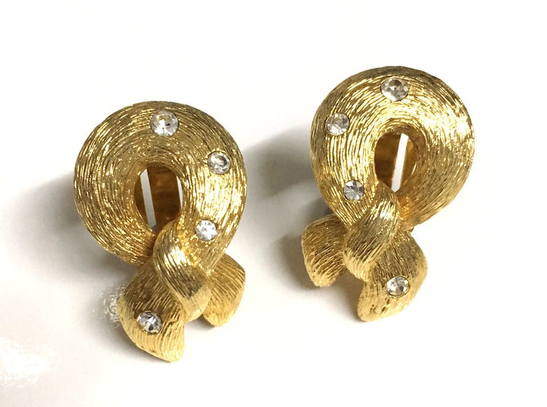 Vintage Signed Soleil Gold Plated Rhinestone Clip Earrings