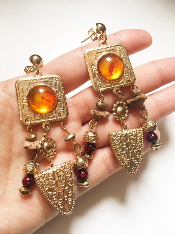 Vintage Gold Tone Cabochon Chandelier Earrings Bo… - image 2
