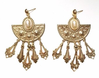 Vintage Gold Tone Faux Pearl Carved Chandelier Earrings Boho Style Statement