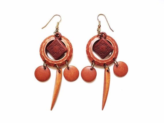 Vintage Faux Wood Chandelier Earrings Boho Stateme