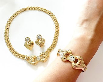 Vintage Gold Tone Panther Chain Necklace Watch Band Parure Jewellery Set Bow Pendant
