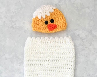 Baby Chick Nyfödd Kokon och Mössa Foto Rekvisita Set Virkmönster Utskrivbar PDF Vårbaby Insla