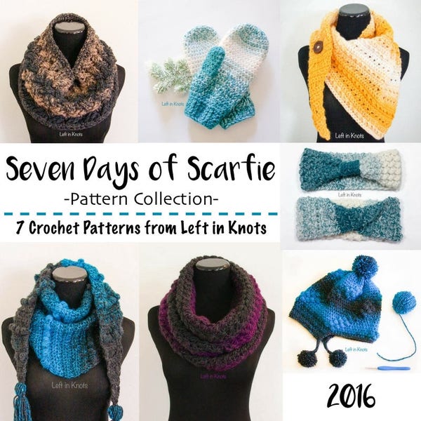 Seven Crochet Patterns Bundle: Seven Days of Scarfie PDF Download Scarf, Cowl, Mittens, Triangle Scarf, Ear Warmer and Hat