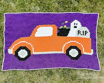 Vintage Halloween Truck C2C Crochet Blanket PATTERN DOWNLOAD with Written Color Changes and Pixel Chart