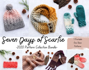 Seven Days of Scarfie Collection #5: Seven Crochet Patterns Bundle PDF Download Scarf, Cowl, Mittens, Slippers, Ear Warmer and Hat