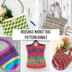 Crochet Market Bags Pattern Collection: 5 easy crochet reusable market bags for groceries and shopping image 1