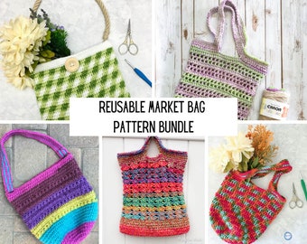Crochet Market Bags Pattern Collection: 5 easy crochet reusable market bags for groceries and shopping
