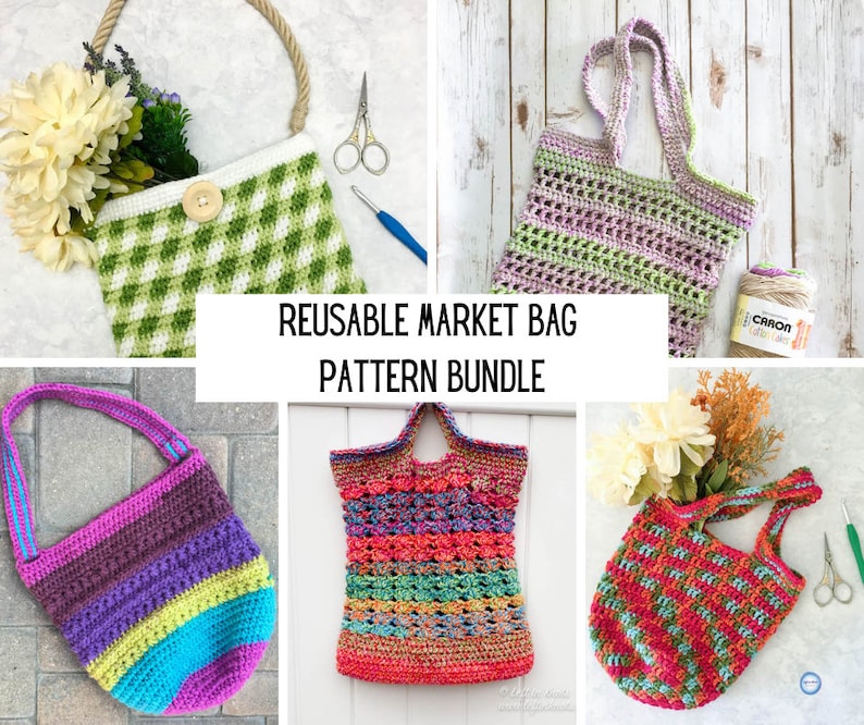Crochet Market Bags Pattern Collection: 5 easy crochet reusable market bags for groceries and shopping image 1